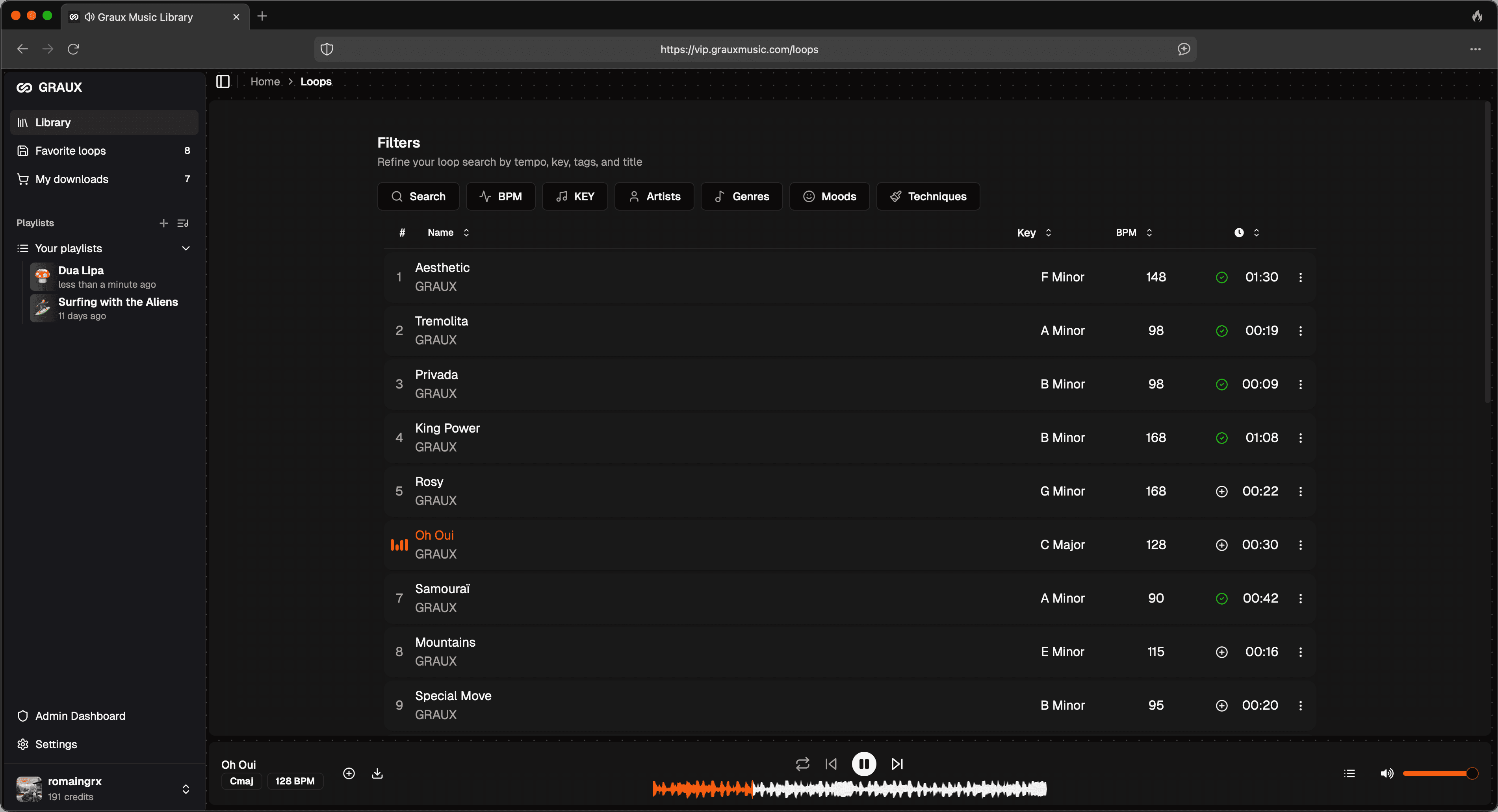 Graux Music App Interface Screenshot
